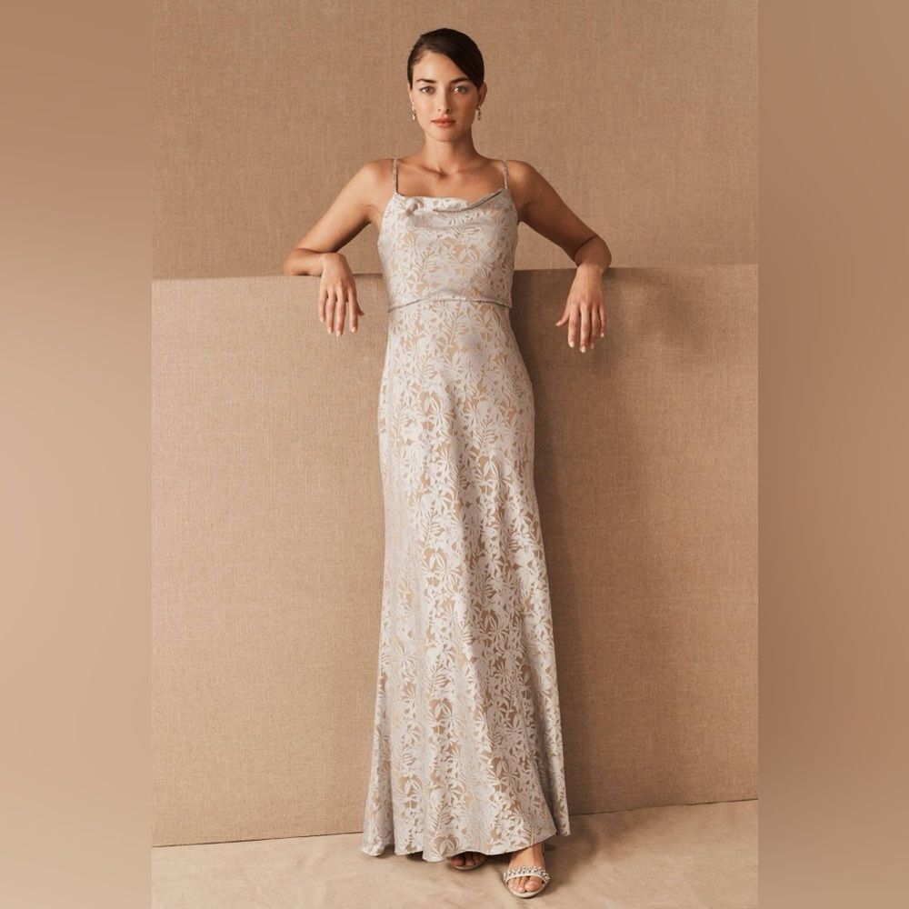 Anthropologie Jenny Yoo Dahlia Dress Elegant Lace Maxi Dress in Silver-Taupe